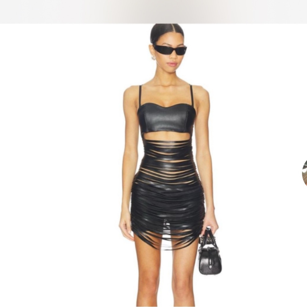 Black Faux Leather Crop Top & Ruched Fringe Mini dress